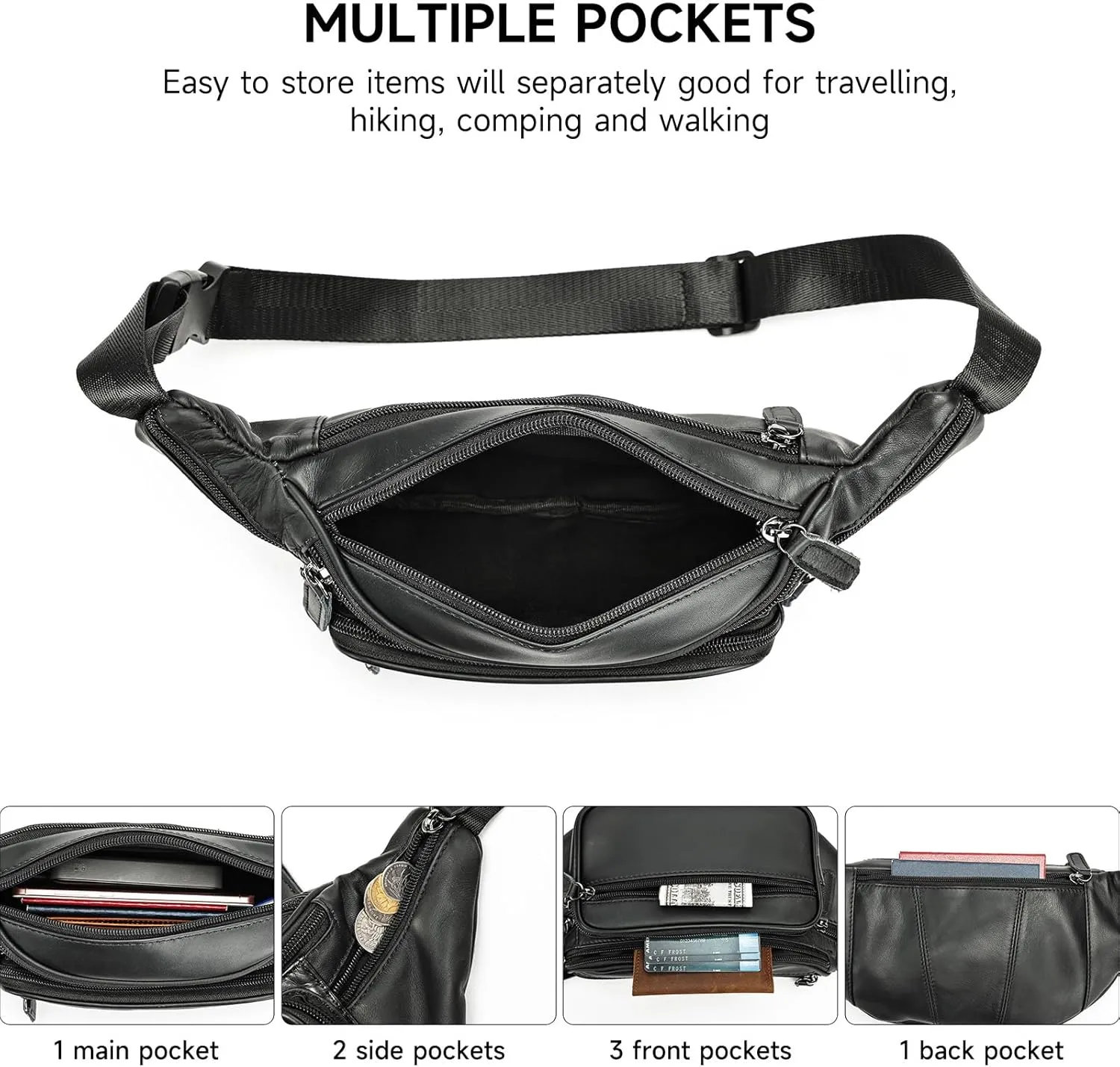 Genuine Leather Fanny Pack Men Women Multi-Pockets sling Waist Bag For Travel Sports Hiking Cycling Fishing Running Black Large