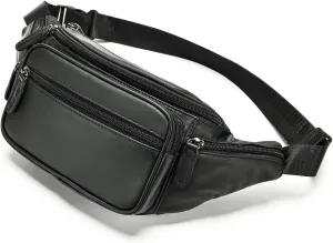 Genuine Leather Fanny Pack Men Women Multi-Pockets sling Waist Bag For Travel Sports Hiking Cycling Fishing Running Black Large