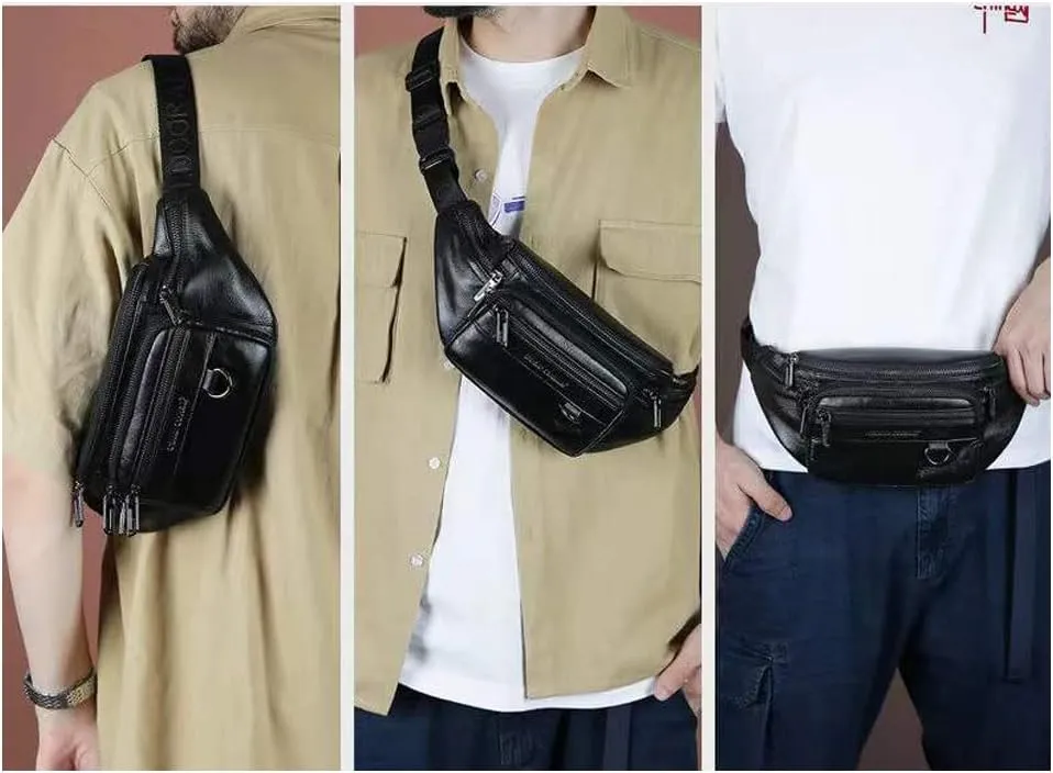 Genuine Leather Fanny Pack Mens Waist Bag Sport Travel Hiking Running Crossbody Sling Backpack Hip Belt Bag (Brown)