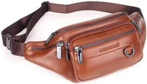 Genuine Leather Fanny Pack Mens Waist Bag Sport Travel Hiking Running Crossbody Sling Backpack Hip Belt Bag (Brown)