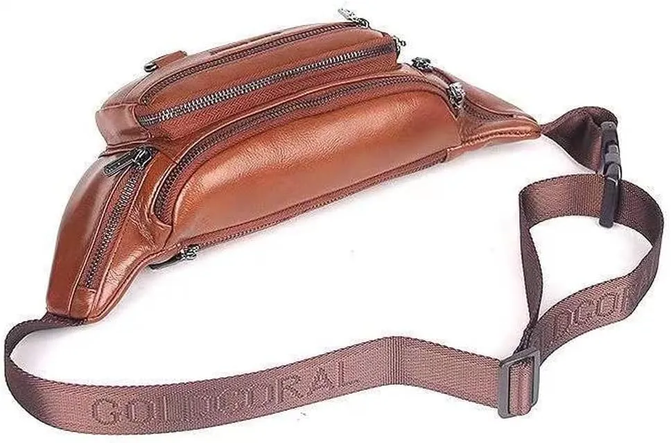 Genuine Leather Fanny Pack Mens Waist Bag Sport Travel Hiking Running Crossbody Sling Backpack Hip Belt Bag (Brown)