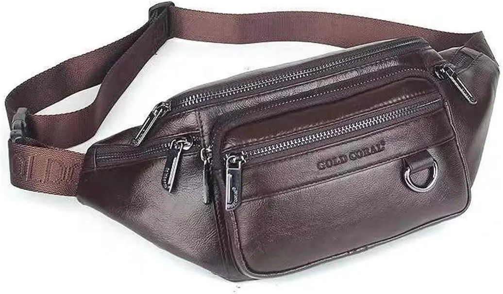 Genuine Leather Fanny Pack Mens Waist Bag Sport Travel Hiking Running Crossbody Sling Backpack Hip Belt Bag (Coffee)