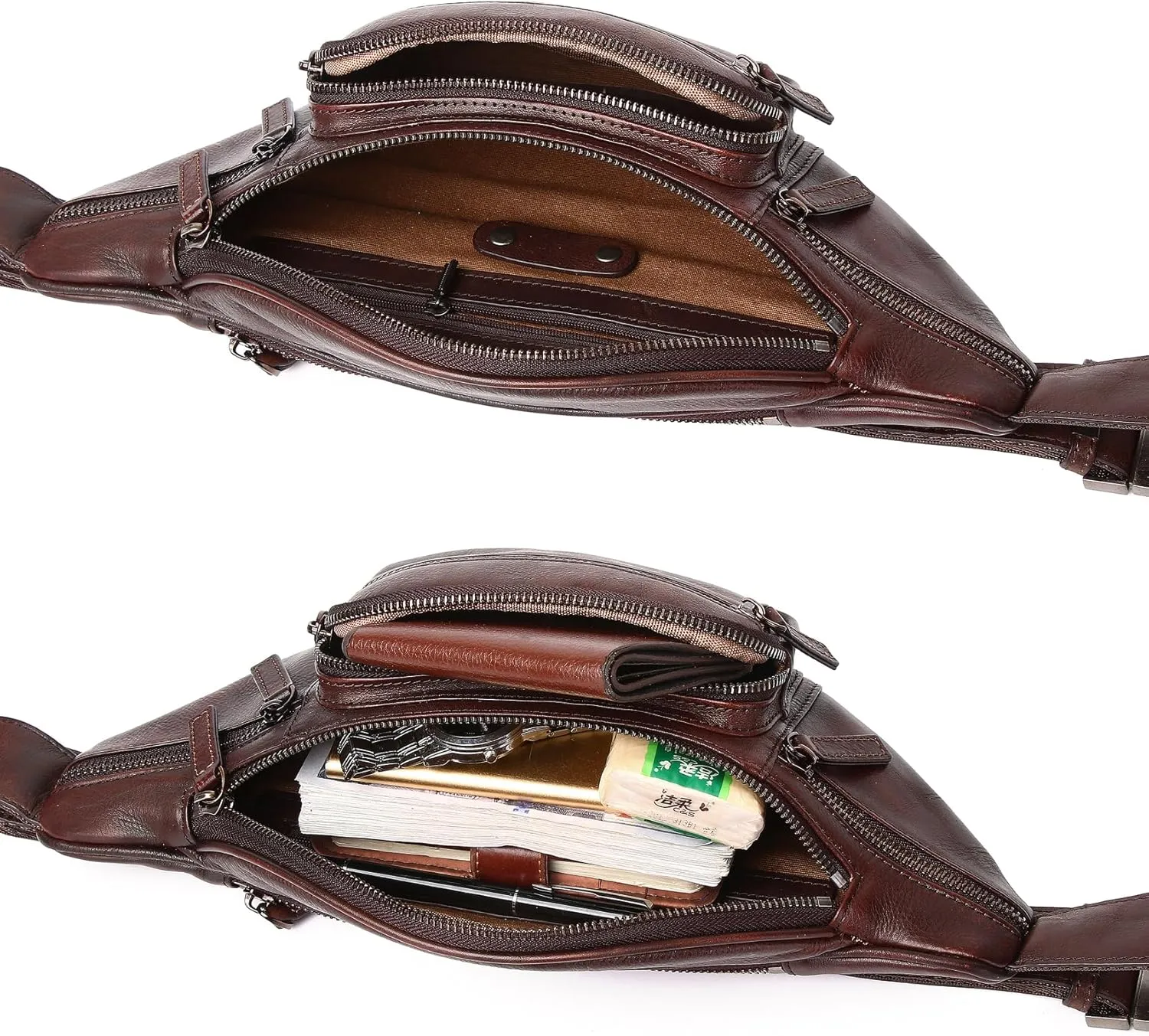 Genuine Leather Fanny Pack Waist Bag for Men Women Hip Bum Bag Travel Pouch Sling Bag Crossbody Chest Bags Shoulder Daypack Multiple Pockets Waist Pack Coffee