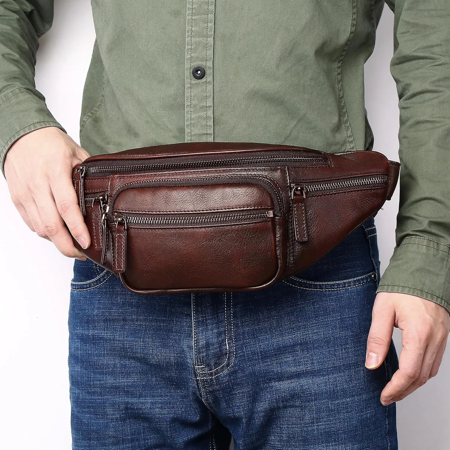 Genuine Leather Fanny Pack Waist Bag for Men Women Hip Bum Bag Travel Pouch Sling Bag Crossbody Chest Bags Shoulder Daypack Multiple Pockets Waist Pack Coffee