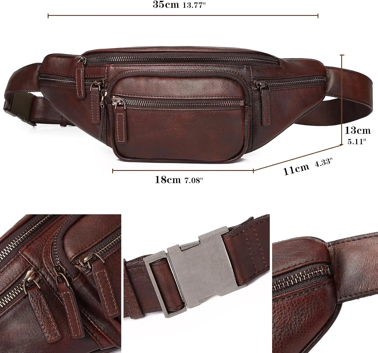 Genuine Leather Fanny Pack Waist Bag for Men Women Hip Bum Bag Travel Pouch Sling Bag Crossbody Chest Bags Shoulder Daypack Multiple Pockets Waist Pack Coffee