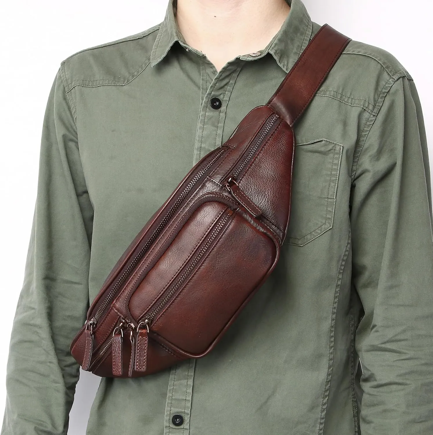 Genuine Leather Fanny Pack Waist Bag for Men Women Hip Bum Bag Travel Pouch Sling Bag Crossbody Chest Bags Shoulder Daypack Multiple Pockets Waist Pack Coffee