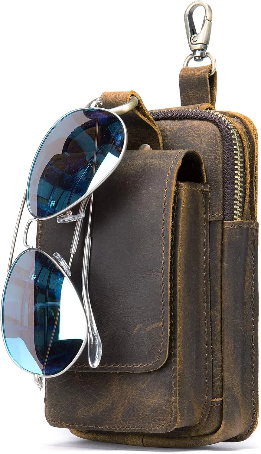 Genuine Leather Hip Pouch Cell Phone Fanny Pack Small Side Belt Bag Zipper Holster with Clip and Loop Brown