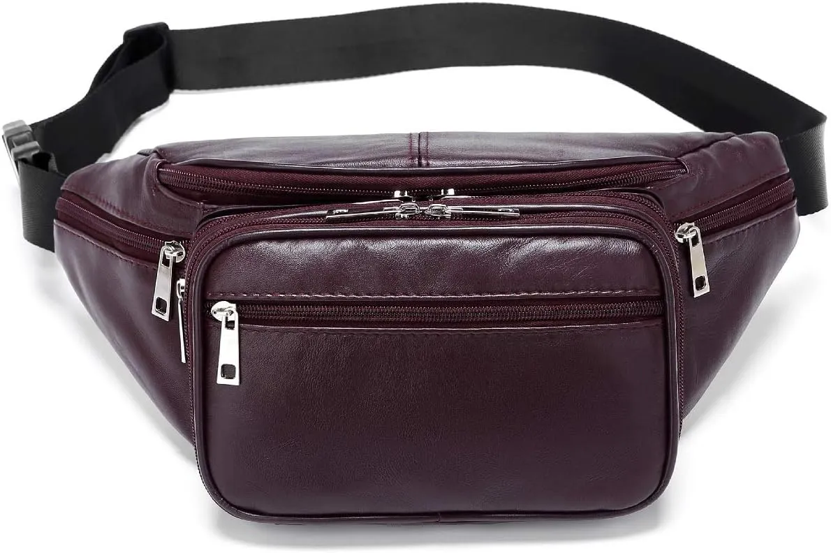 Genuine Leather Large 7 Pocket Waist Pack with Organizer, Card Slots (Wine)