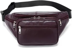 Genuine Leather Large 7 Pocket Waist Pack with Organizer, Card Slots (Wine)