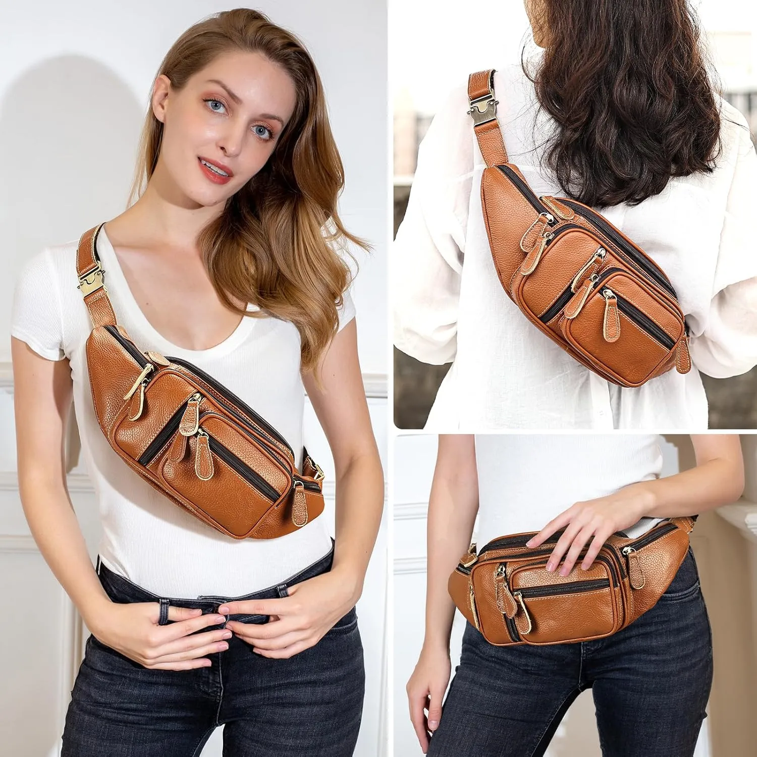 Genuine Leather Large Fanny Pack Waterproof Hip Belt Bag Cowhide Waist Bag Crossbody Sling Backpack Brown