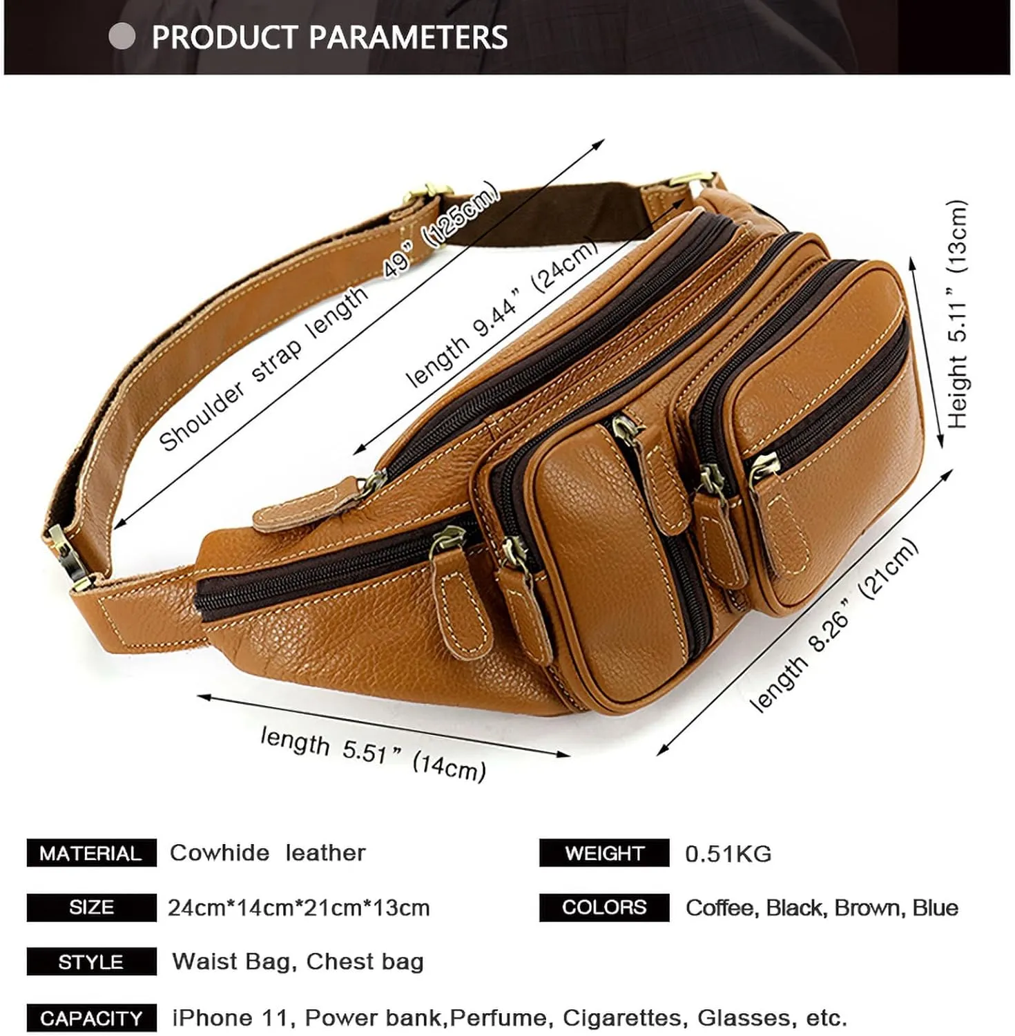 Genuine Leather Large Fanny Pack Waterproof Hip Belt Bag Cowhide Waist Bag Crossbody Sling Backpack Brown