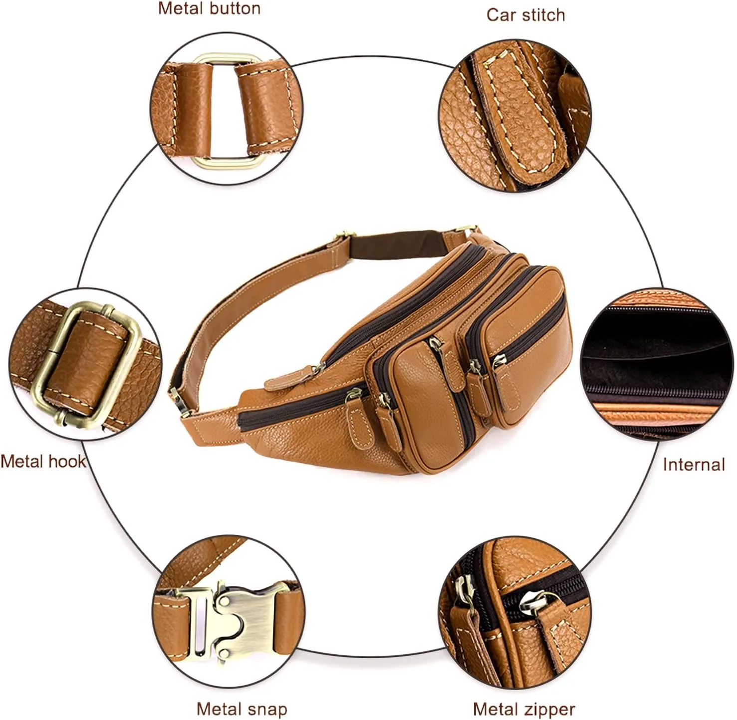 Genuine Leather Large Fanny Pack Waterproof Hip Belt Bag Cowhide Waist Bag Crossbody Sling Backpack Brown