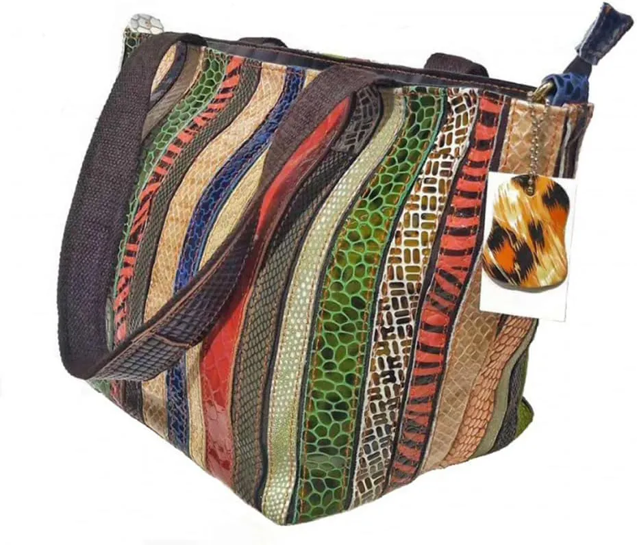 Genuine Leather Tote Handbag for Ladies Multi-color Patchwork Shoulder Satchel Women Colorful Crossbody Hobo Purses