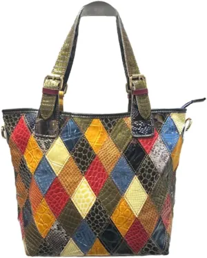 Genuine Leather Tote Handbag for Women Vintage Multicolored Splicing Boho Shoulder Purse Random Colorful Satchel