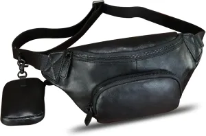 Genuine Leather Waist Bag Hip Bag Fanny Packs for Women and Men Real Leather Fanny Bag Sling Bag Crossbody Bags Chest Purses (Black)
