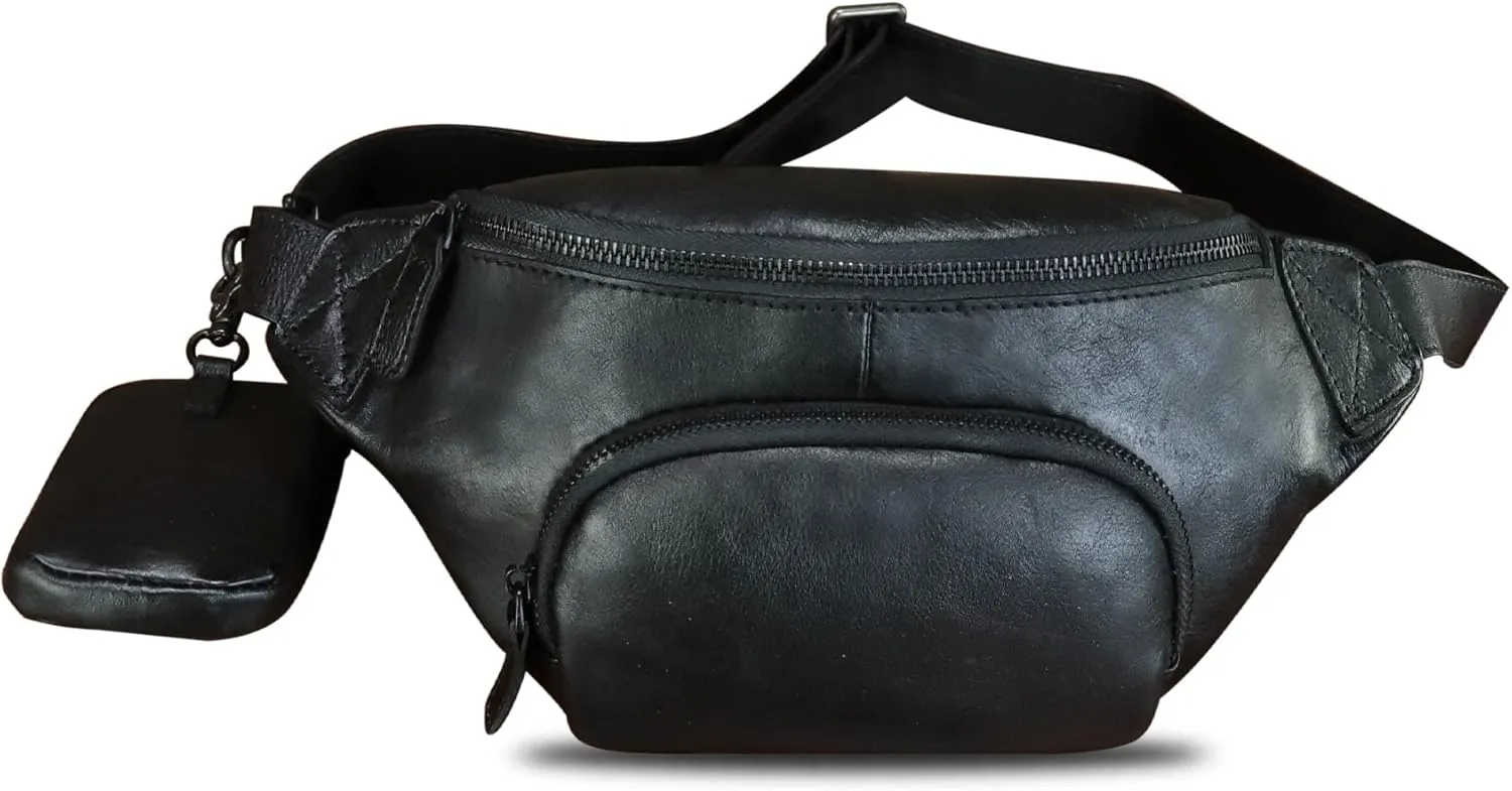 Genuine Leather Waist Bag Hip Bag Fanny Packs for Women and Men Real Leather Fanny Bag Sling Bag Crossbody Bags Chest Purses (Black)
