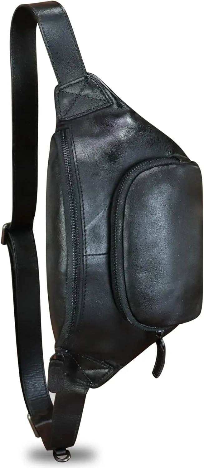 Genuine Leather Waist Bag Hip Bag Fanny Packs for Women and Men Real Leather Fanny Bag Sling Bag Crossbody Bags Chest Purses (Black)