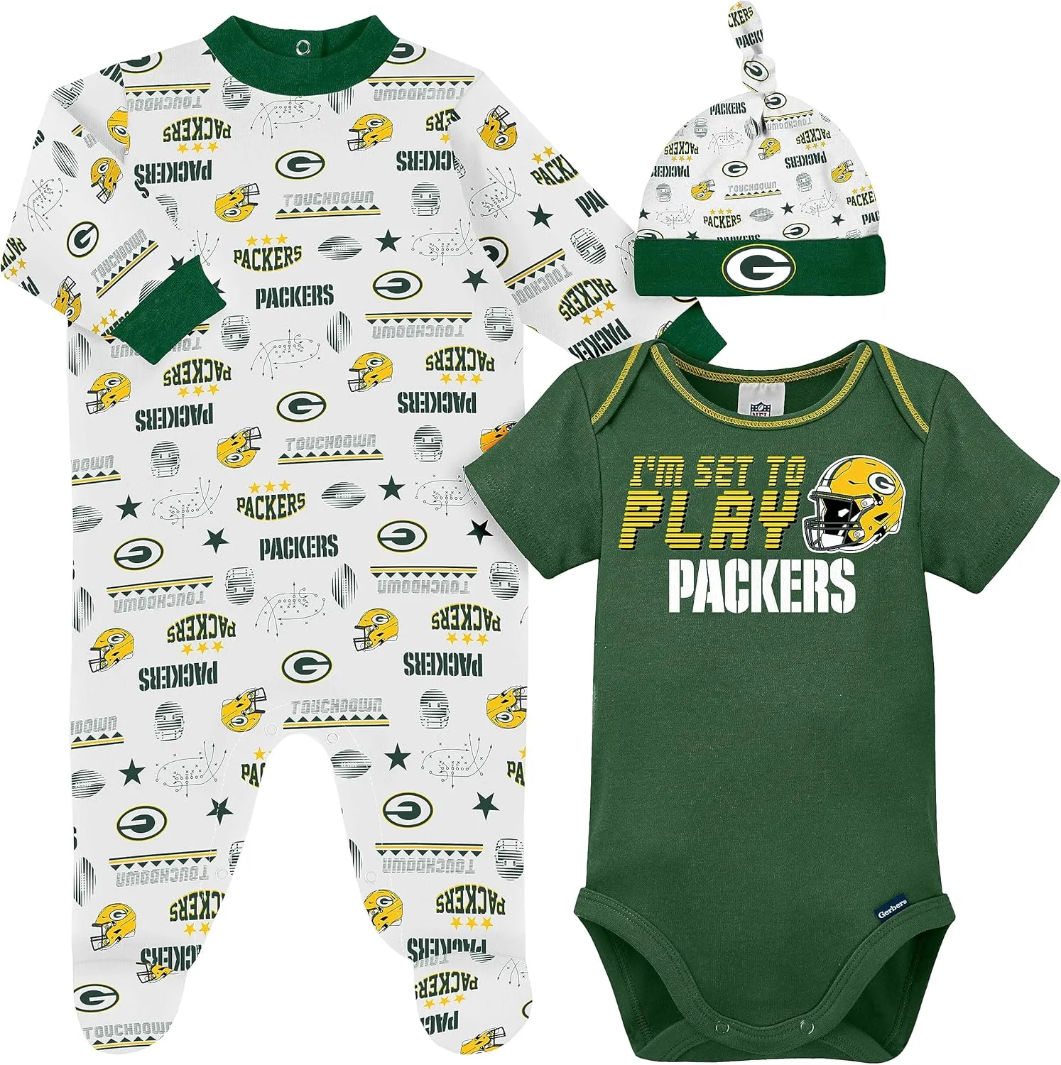 Gerber NFL Green Bay Packers 3 Pack Bodysuit Sleep n Play Footie Cap Registry Gift Set, blue/white Green Bay Packers, 3-6M