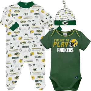 Gerber NFL Green Bay Packers 3 Pack Bodysuit Sleep n Play Footie Cap Registry Gift Set, blue/white Green Bay Packers, 3-6M