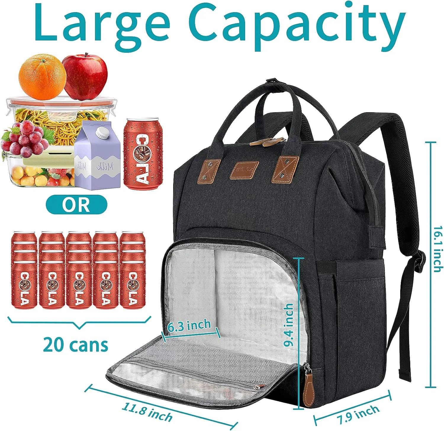 Gifts for Him Her, Extra Large Lunch Backpack, 17 Inch Travel Laptop Backpack for Women Men, USB Port Large Bookbag, Insulated Cooler Backpack Lunch Box Nurse Work Backpacks, Black