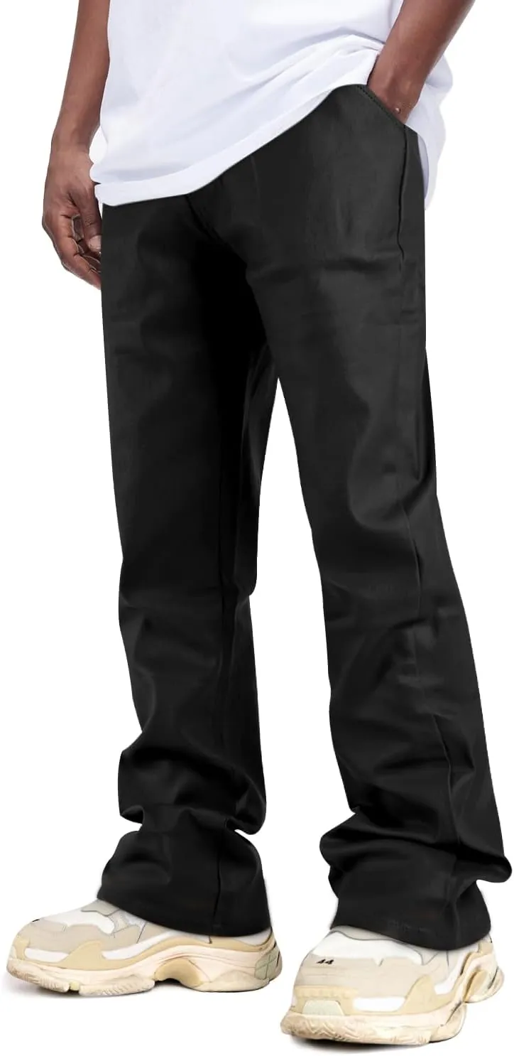 GINGTTO Mens Leather Bell Bottoms Slim Fit 70s Disco Flare Stacked Pants for Men