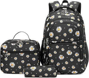 Girls' Backpack with Lunch Box, 17 Inch Black Daisy Lightweight School Backpack & Lunch Bag Set for Elementary & Middle School Girls
