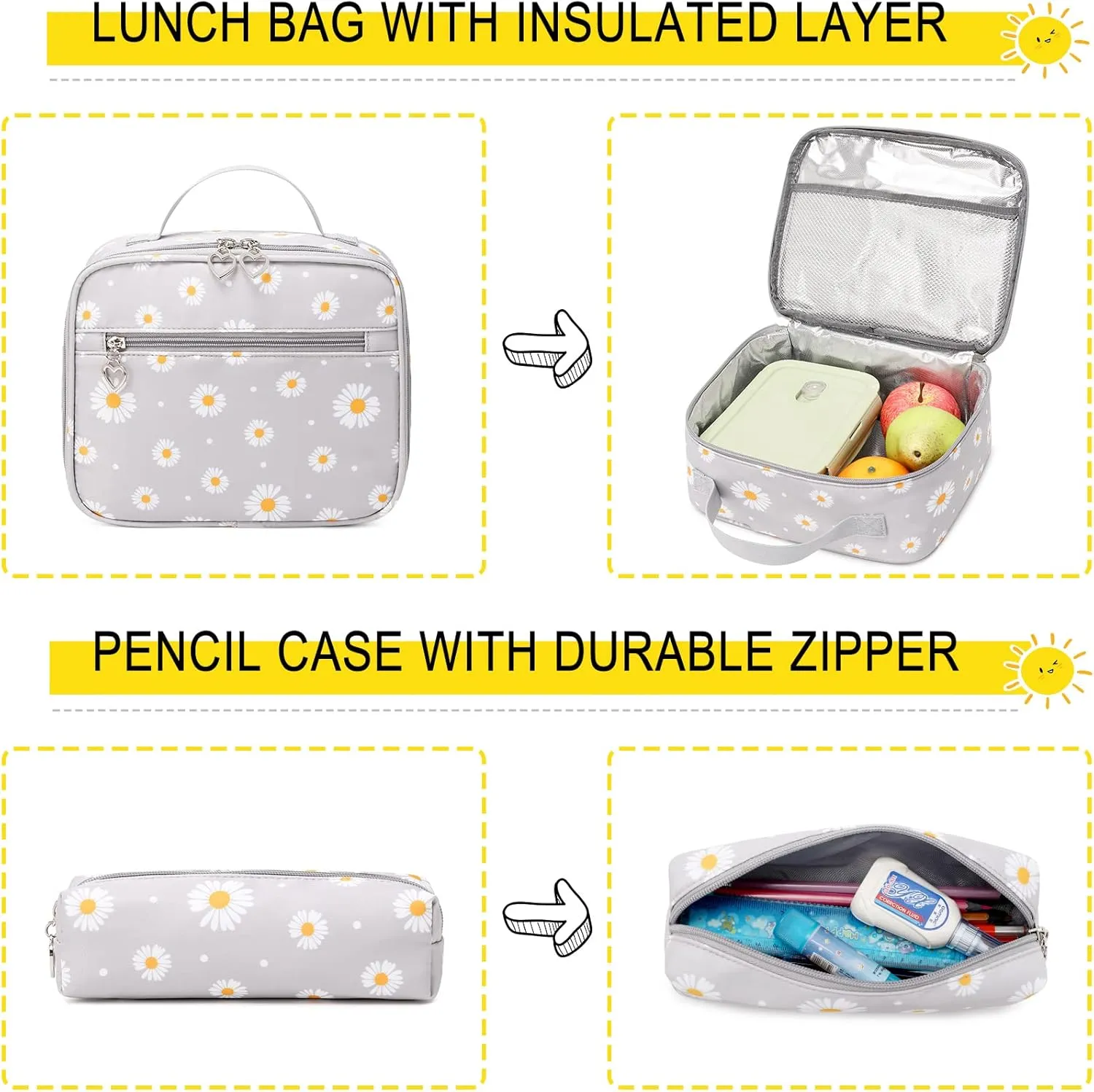Girls' Backpack with Lunch Box, 17 Inch Black Daisy Lightweight School Backpack & Lunch Bag Set for Elementary & Middle School Girls