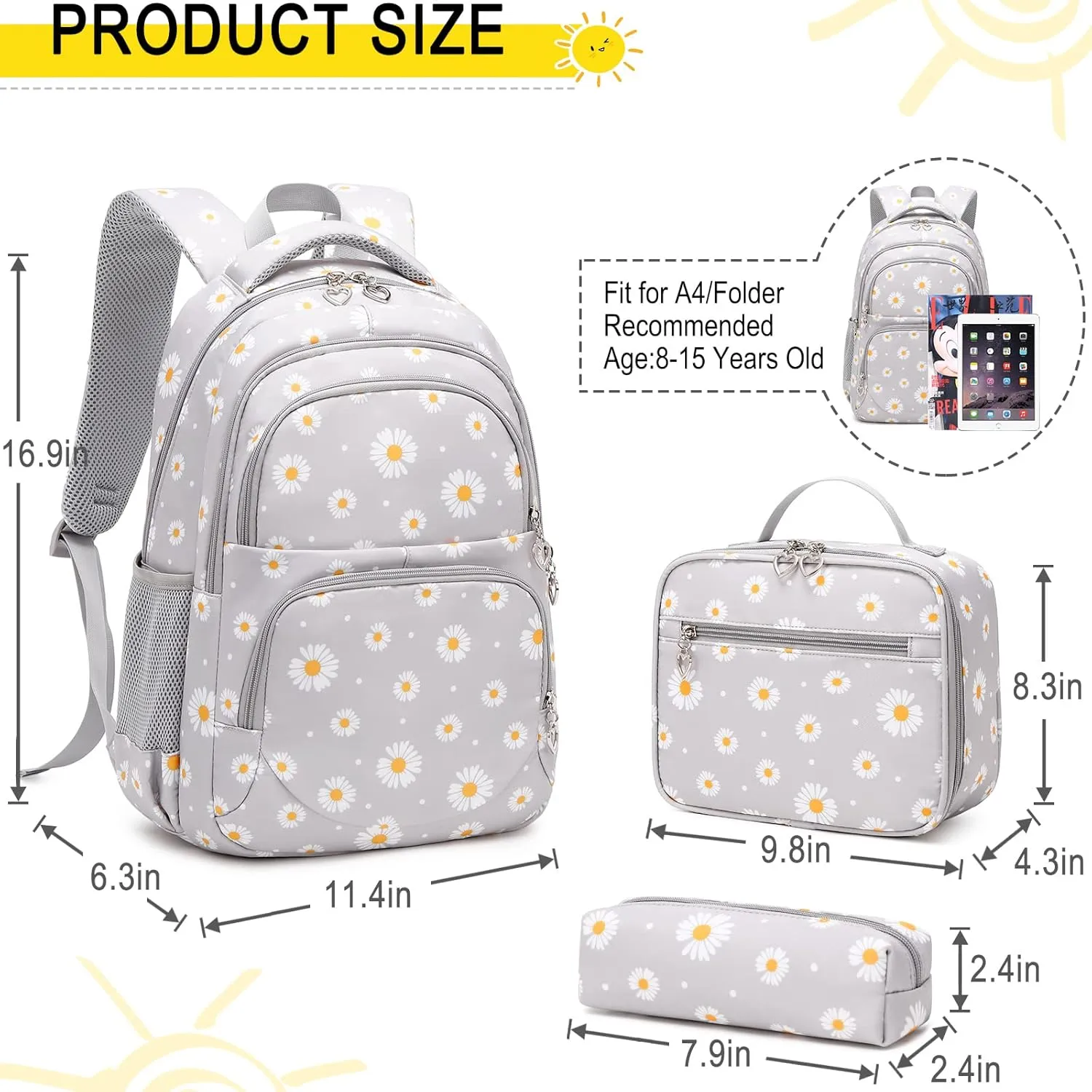 Girls' Backpack with Lunch Box, 17 Inch Black Daisy Lightweight School Backpack & Lunch Bag Set for Elementary & Middle School Girls
