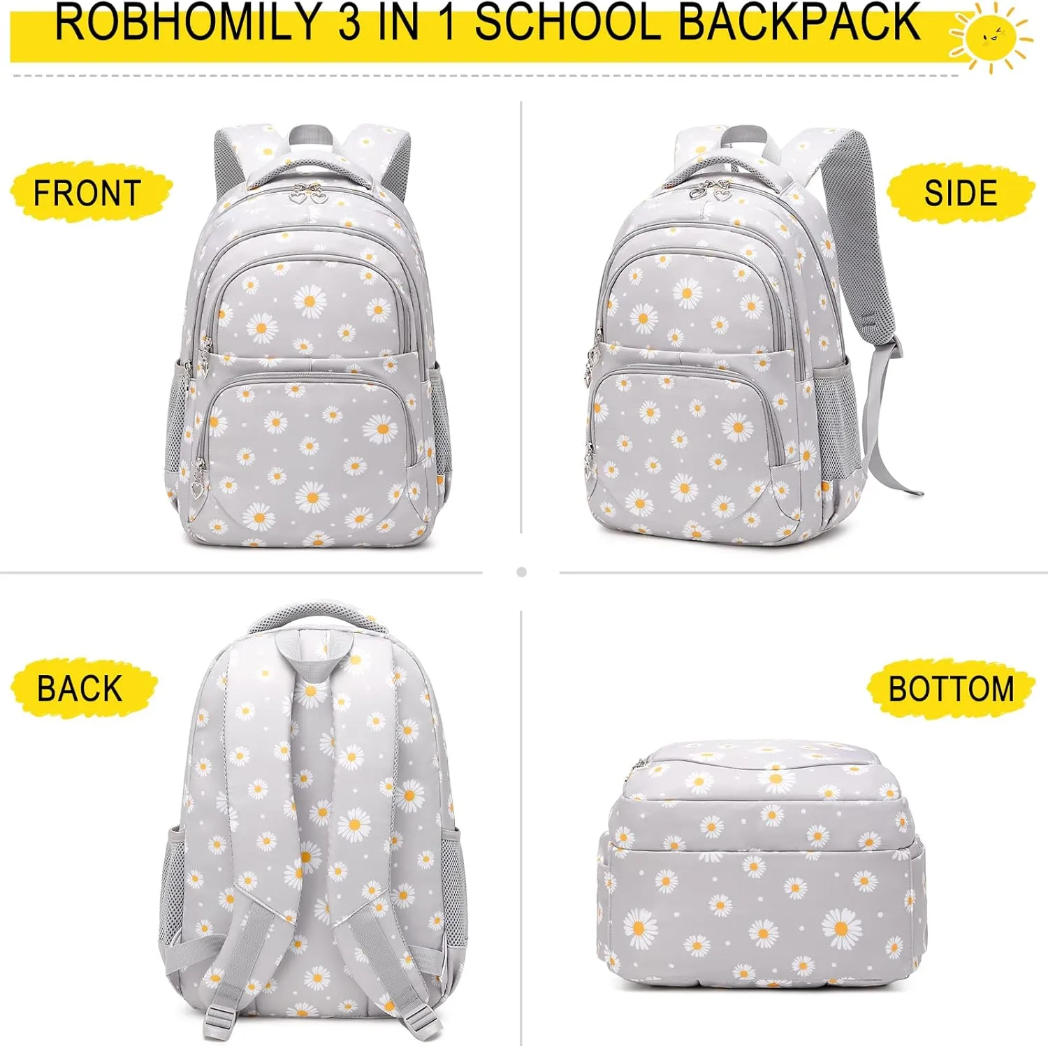 Girls' Backpack with Lunch Box, 17 Inch Black Daisy Lightweight School Backpack & Lunch Bag Set for Elementary & Middle School Girls