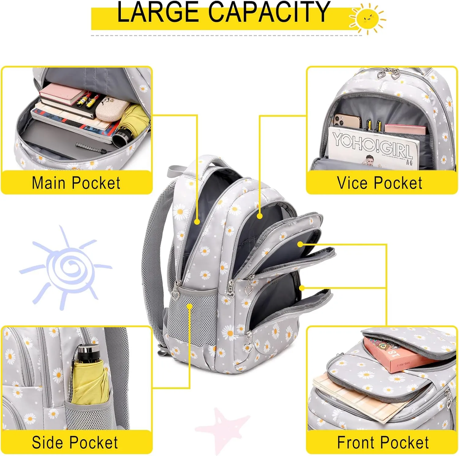 Girls' Backpack with Lunch Box, 17 Inch Black Daisy Lightweight School Backpack & Lunch Bag Set for Elementary & Middle School Girls