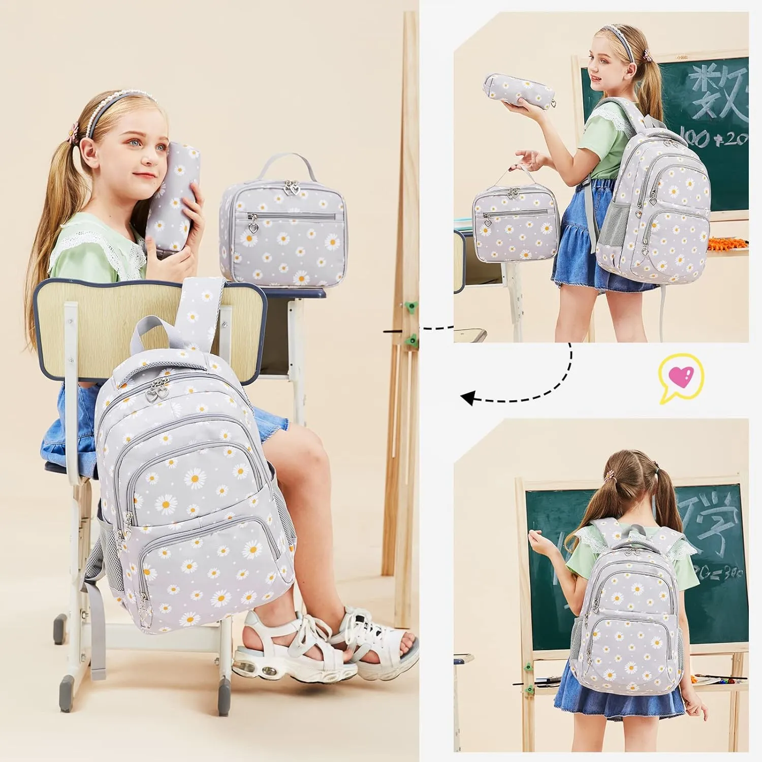 Girls' Backpack with Lunch Box, 17 Inch Black Daisy Lightweight School Backpack & Lunch Bag Set for Elementary & Middle School Girls