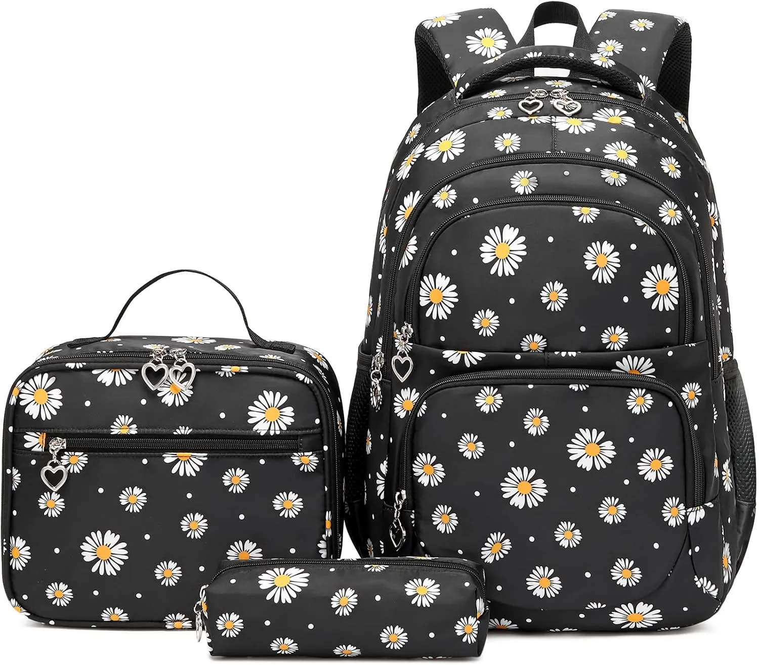 Girls' Backpack with Lunch Box, 17 Inch Black Daisy Lightweight School Backpack & Lunch Bag Set for Elementary & Middle School Girls