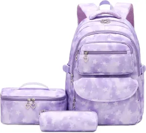 Girls Backpack with Lunch Box for Elementary School & Middle School,17 Inch Purple Lightweight School Backpack with Lunch Bags Set for Girls