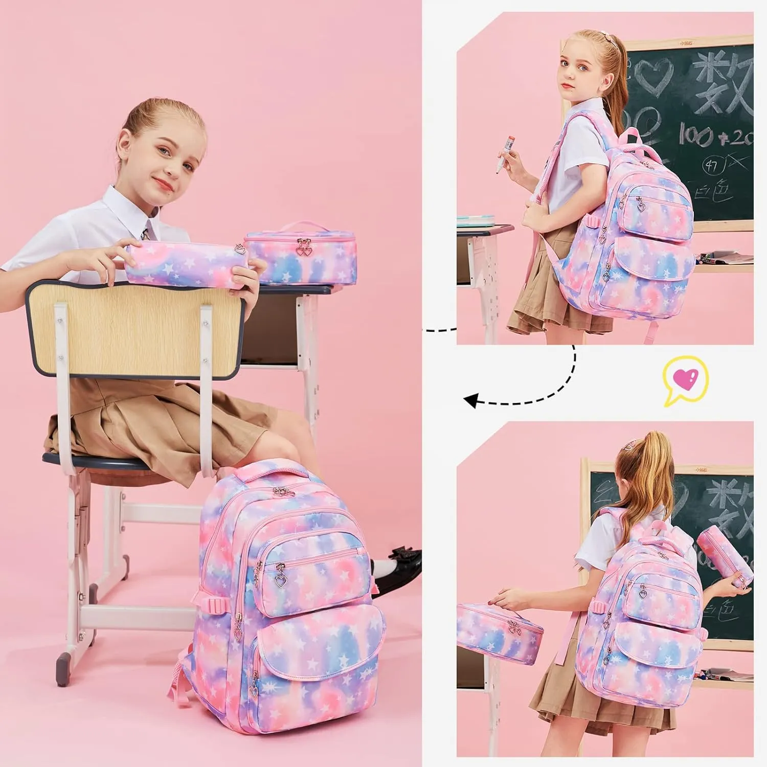 Girls Backpack with Lunch Box for Elementary School & Middle School,17 Inch Purple Lightweight School Backpack with Lunch Bags Set for Girls