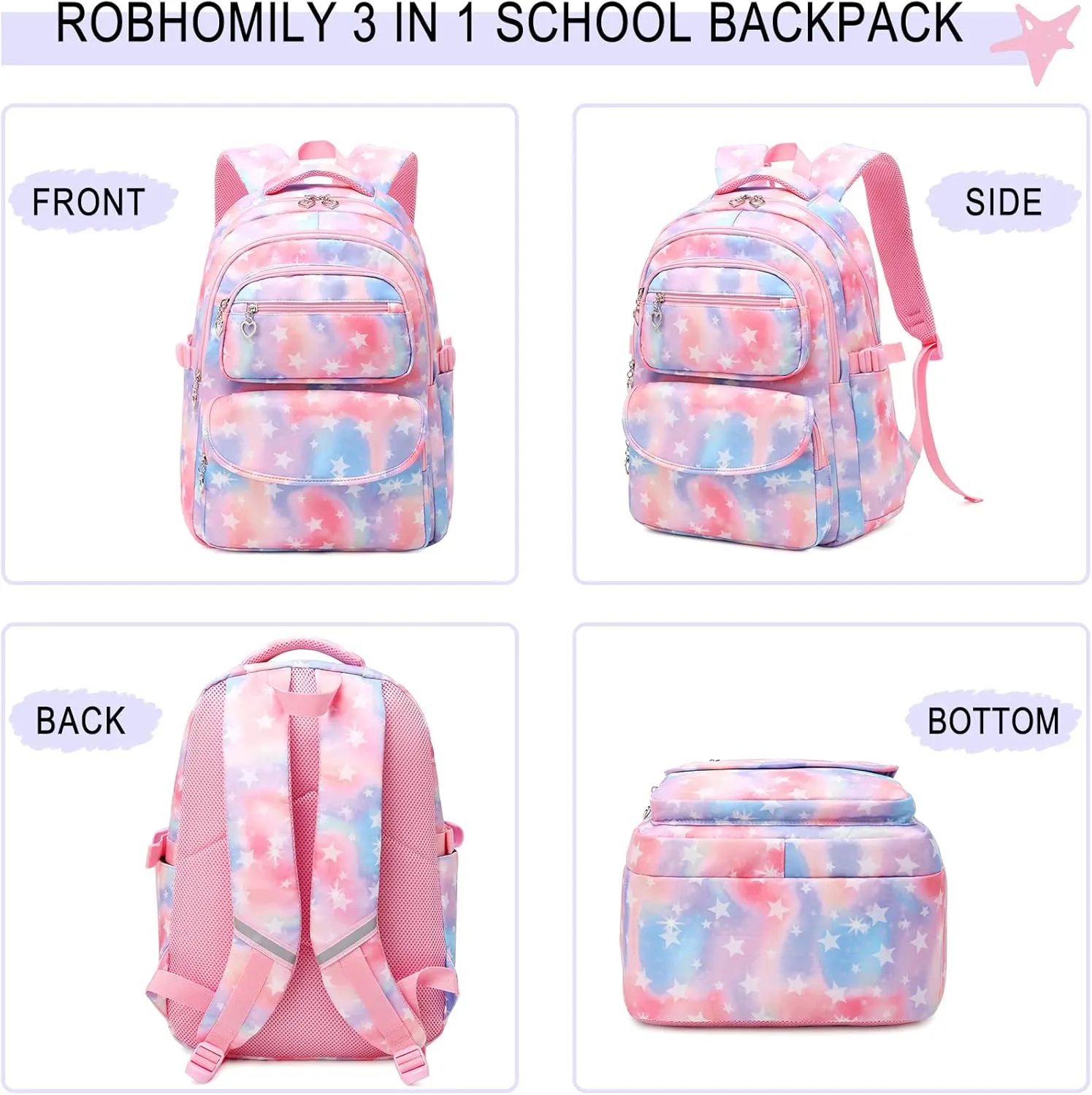 Girls Backpack with Lunch Box for Elementary School & Middle School,17 Inch Purple Lightweight School Backpack with Lunch Bags Set for Girls