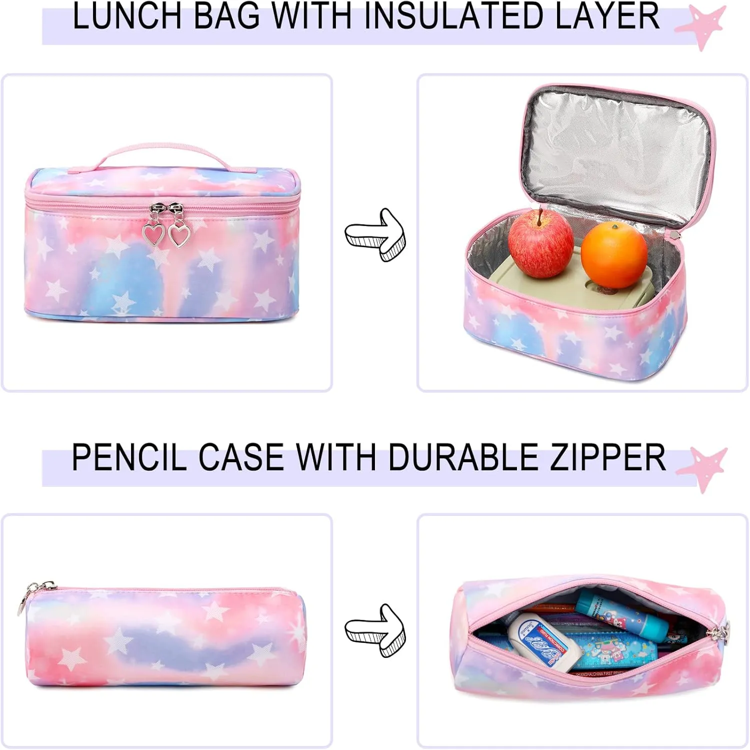 Girls Backpack with Lunch Box for Elementary School & Middle School,17 Inch Purple Lightweight School Backpack with Lunch Bags Set for Girls