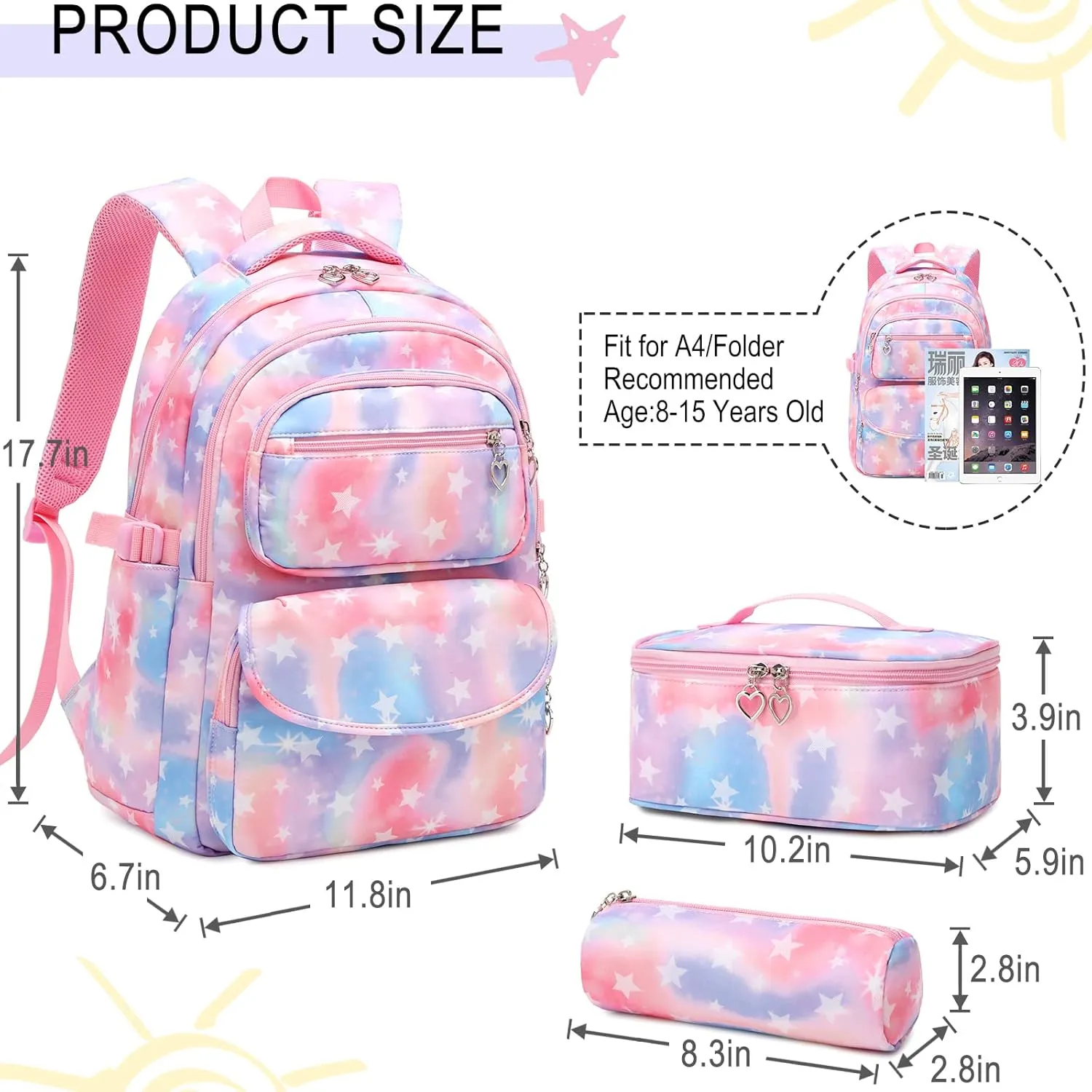 Girls Backpack with Lunch Box for Elementary School & Middle School,17 Inch Purple Lightweight School Backpack with Lunch Bags Set for Girls