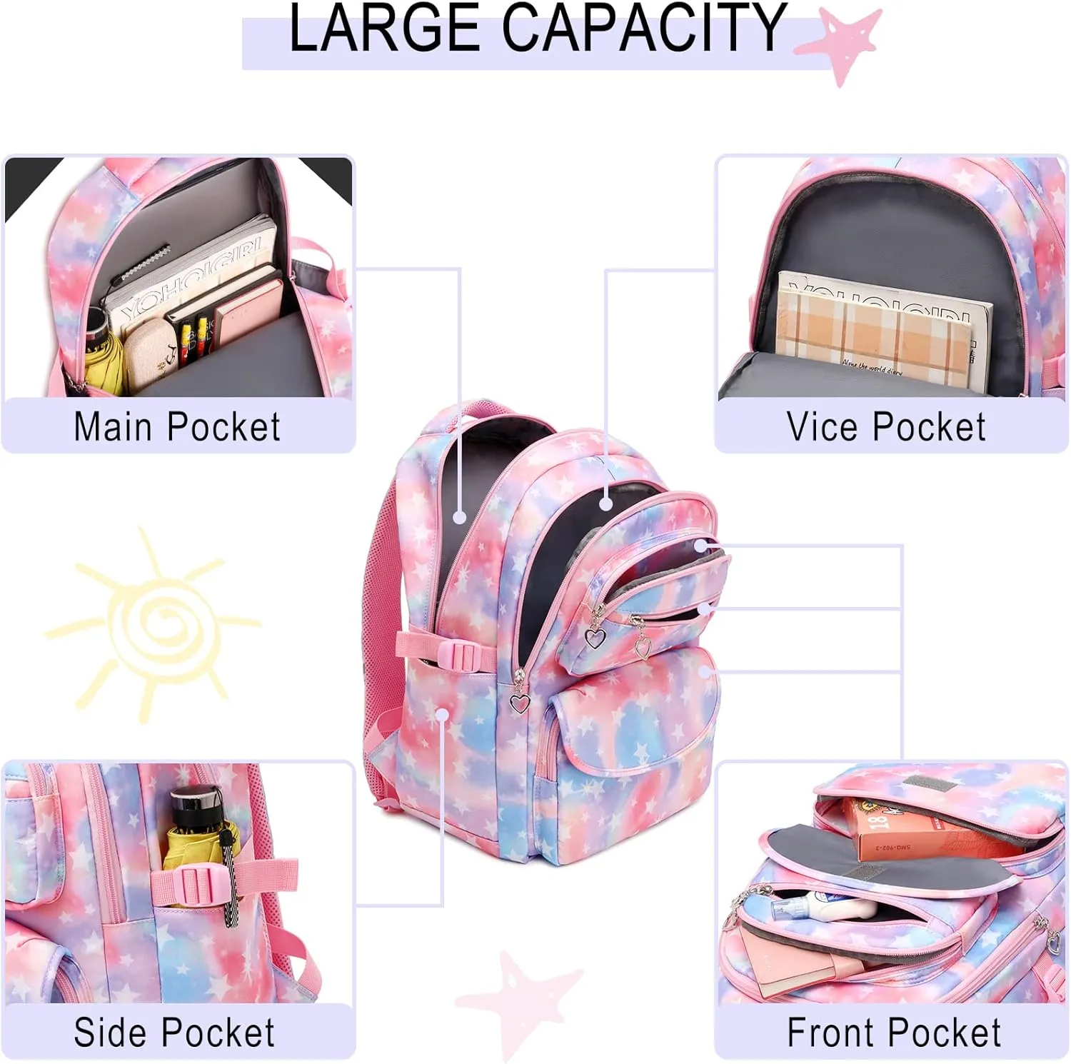 Girls Backpack with Lunch Box for Elementary School & Middle School,17 Inch Purple Lightweight School Backpack with Lunch Bags Set for Girls
