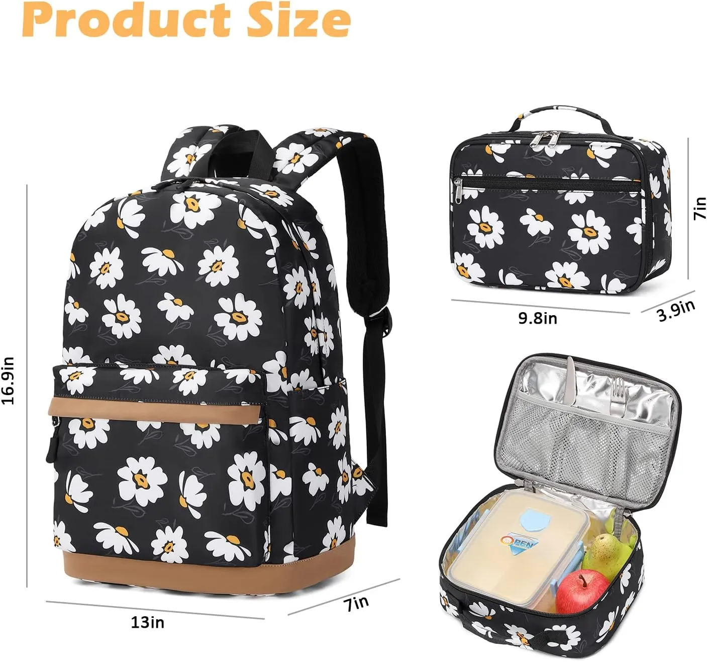 Girls Backpack with Lunch Box for Middle School Elementary School,17 inch Kids School Backpack with Lunch Bag Set, Black Daisy Lightweight Backpack for Teen Girls