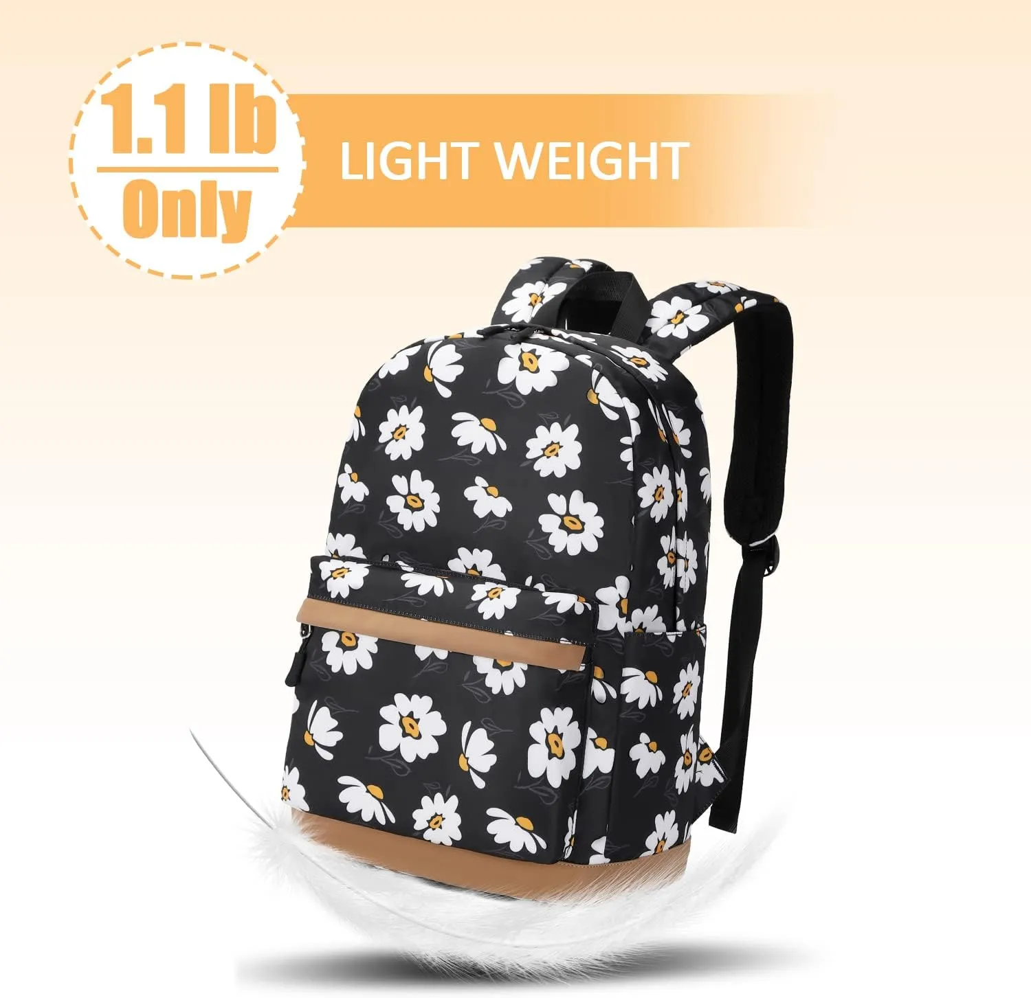 Girls Backpack with Lunch Box for Middle School Elementary School,17 inch Kids School Backpack with Lunch Bag Set, Black Daisy Lightweight Backpack for Teen Girls