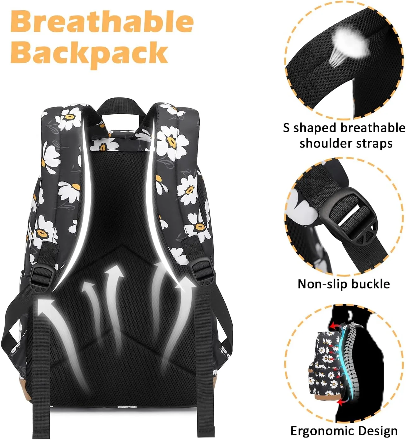 Girls Backpack with Lunch Box for Middle School Elementary School,17 inch Kids School Backpack with Lunch Bag Set, Black Daisy Lightweight Backpack for Teen Girls