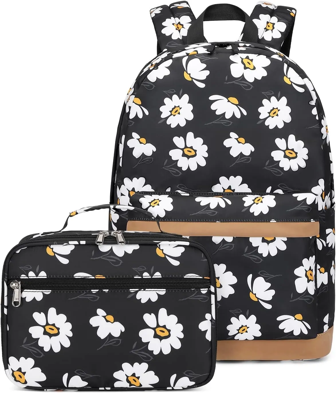 Girls Backpack with Lunch Box for Middle School Elementary School,17 inch Kids School Backpack with Lunch Bag Set, Black Daisy Lightweight Backpack for Teen Girls
