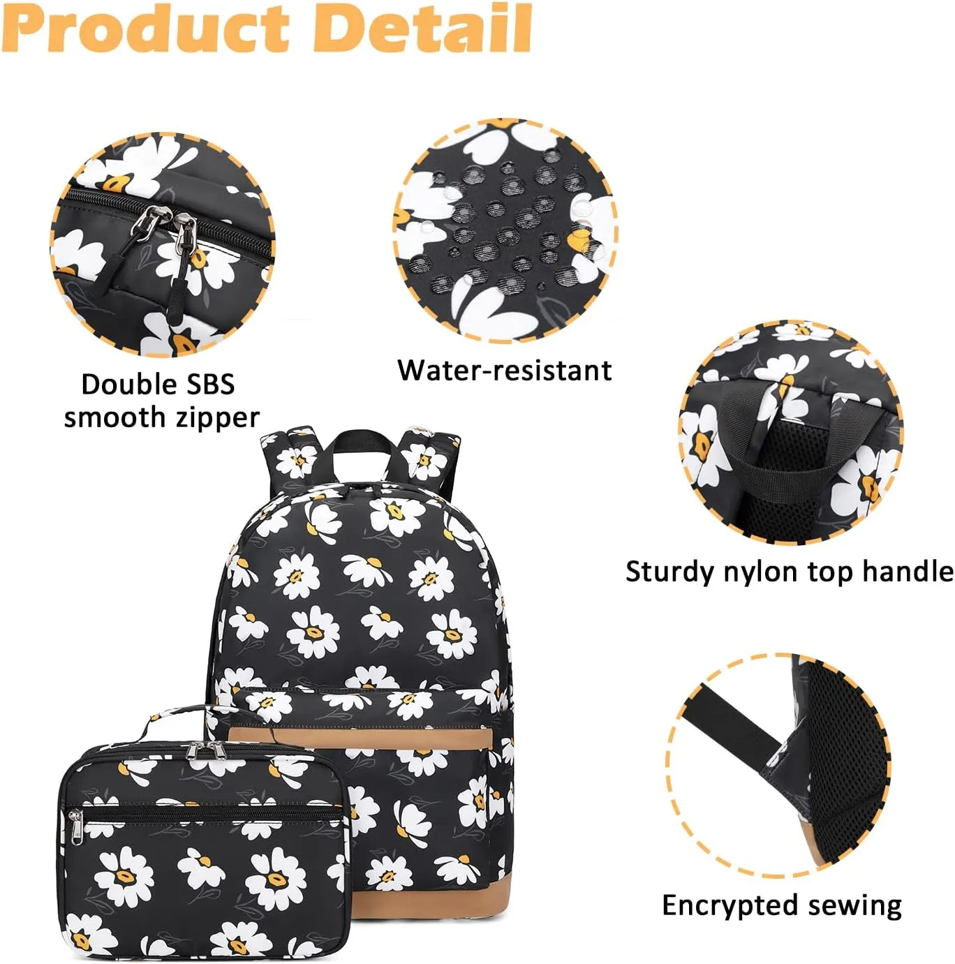 Girls Backpack with Lunch Box for Middle School Elementary School,17 inch Kids School Backpack with Lunch Bag Set, Black Daisy Lightweight Backpack for Teen Girls
