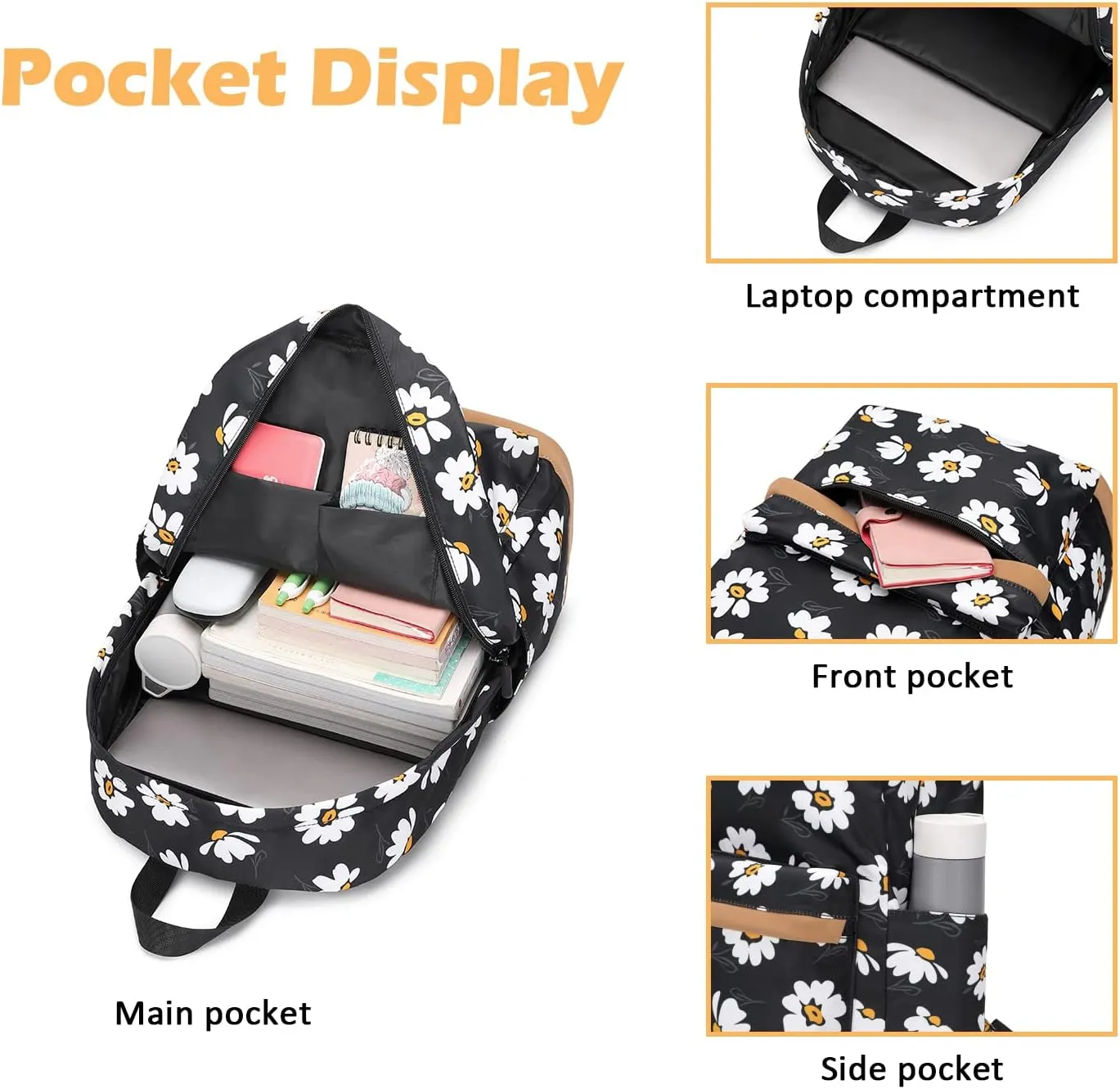Girls Backpack with Lunch Box for Middle School Elementary School,17 inch Kids School Backpack with Lunch Bag Set, Black Daisy Lightweight Backpack for Teen Girls