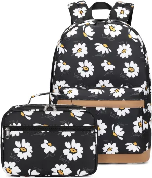 Girls Backpack with Lunch Box for Middle School Elementary School,17 inch Kids School Backpack with Lunch Bag Set, Black Daisy Lightweight Backpack for Teen Girls