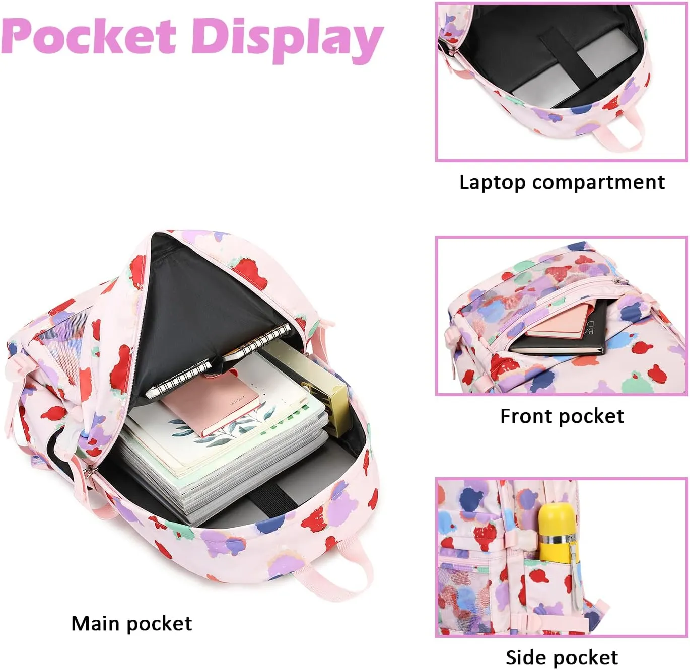 Girls Backpack with Lunch Box for Middle School Elementary School,17 inch Kids School Backpack with Lunch Bag Set, Colorful Lightweight Pink Backpack for Teen Girls