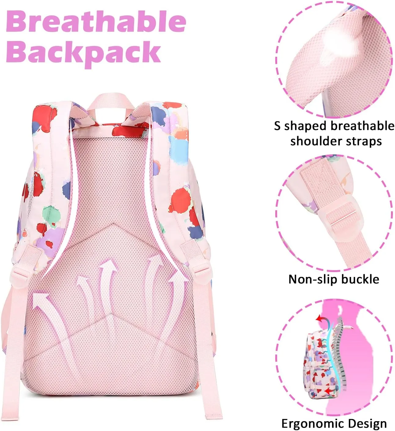 Girls Backpack with Lunch Box for Middle School Elementary School,17 inch Kids School Backpack with Lunch Bag Set, Colorful Lightweight Pink Backpack for Teen Girls