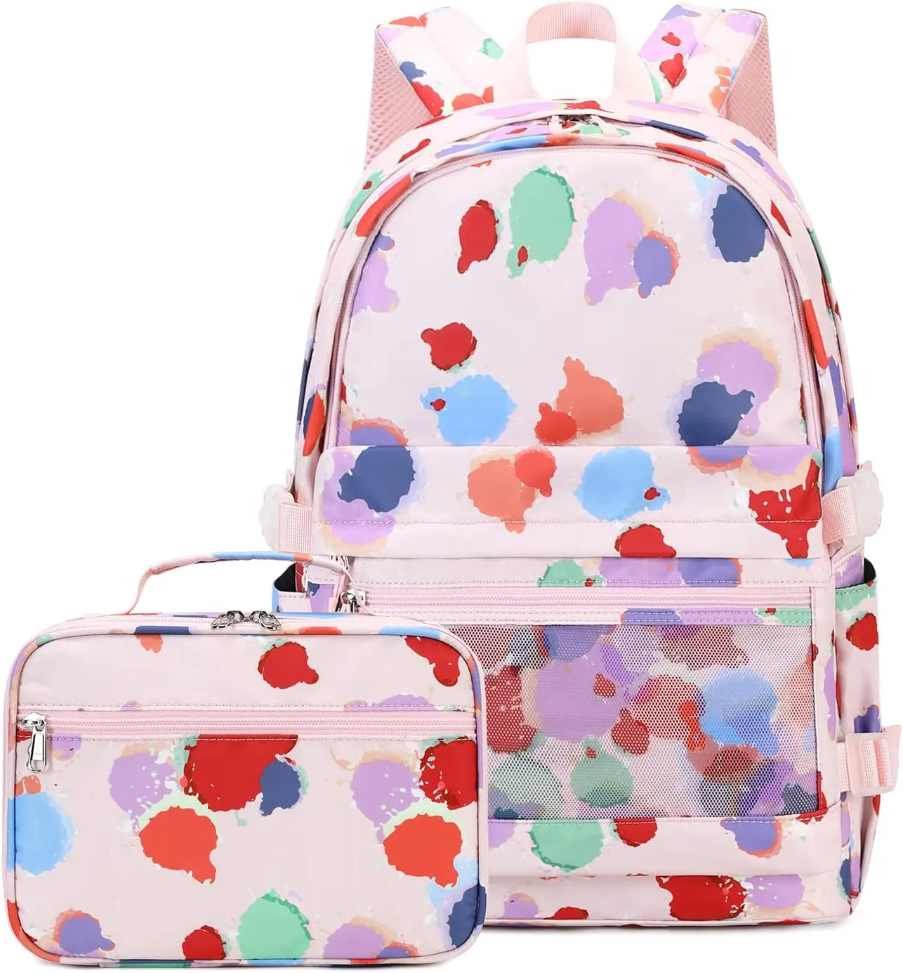 Girls Backpack with Lunch Box for Middle School Elementary School,17 inch Kids School Backpack with Lunch Bag Set, Colorful Lightweight Pink Backpack for Teen Girls