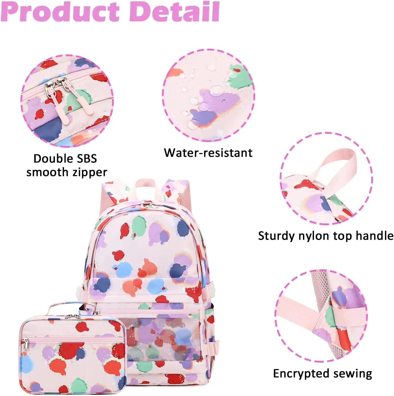 Girls Backpack with Lunch Box for Middle School Elementary School,17 inch Kids School Backpack with Lunch Bag Set, Colorful Lightweight Pink Backpack for Teen Girls