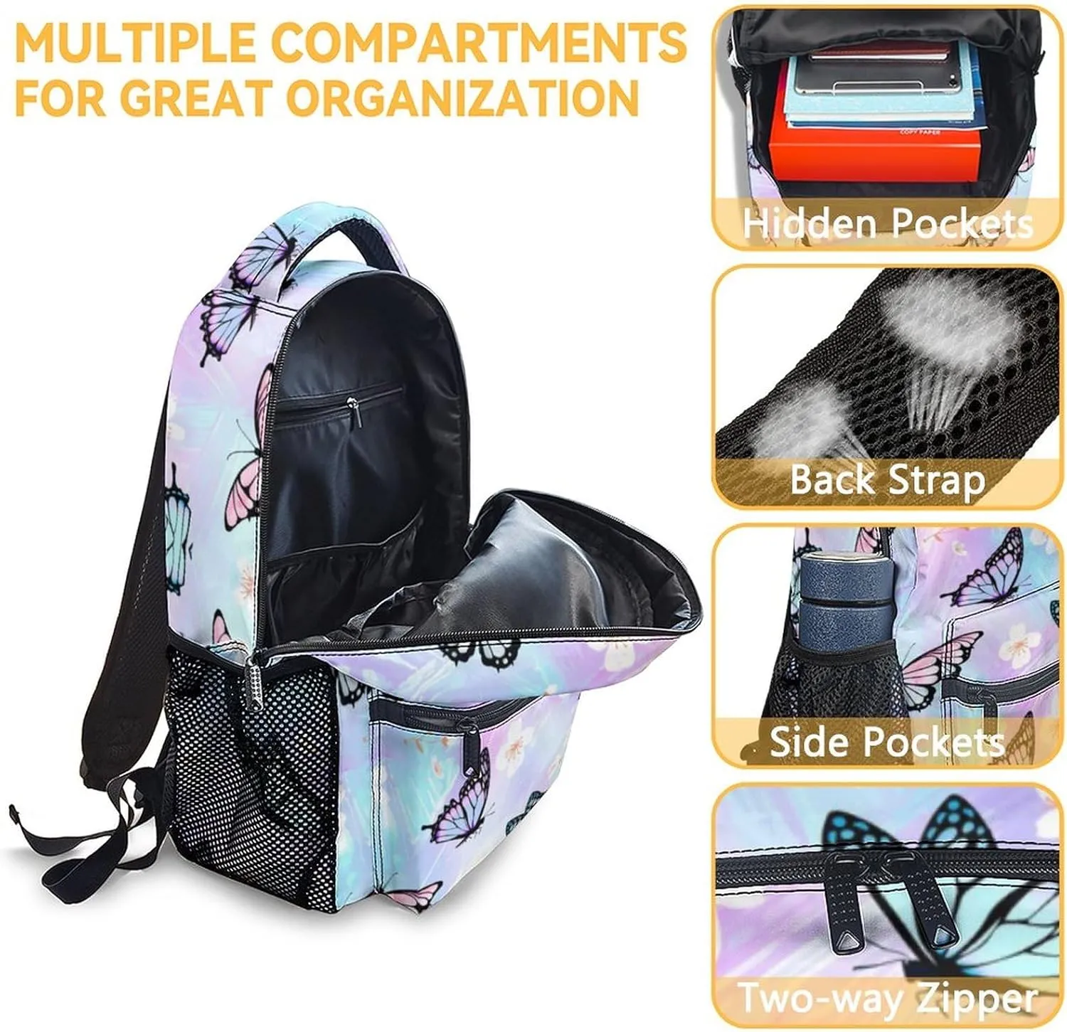 Girls Butterfly Backpack with Lunch Box - Set of 3 School Backpacks Matching Combo - Pretty Colorful Bookbag and Pencil Case Bundle